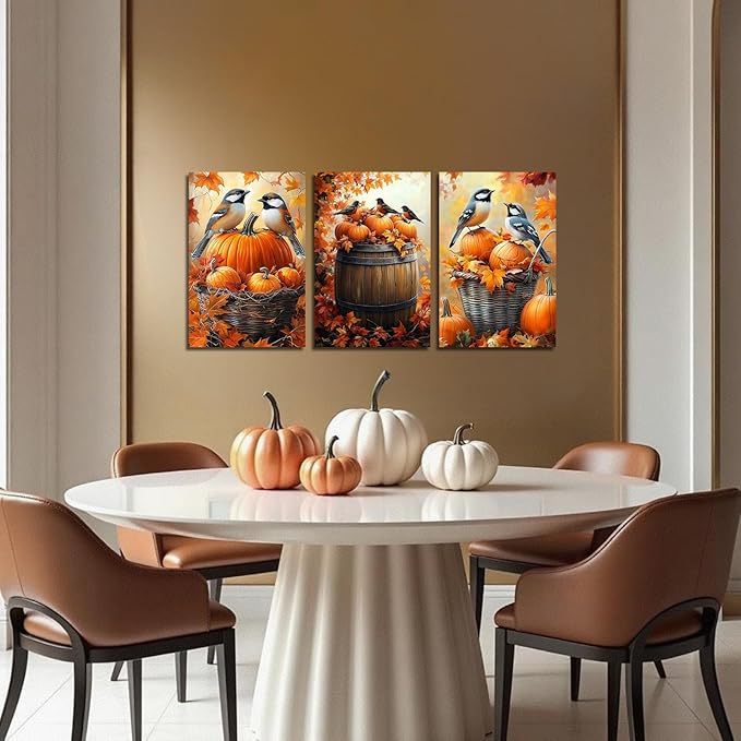 YMXDYMJSW Autumn Wall Art 3 Pieces Pumpkin with Sparrows Picture Prints Fall Harvest Birds Canvas Painting Thanksgiving Theme Artwork for Farmhouse Decor Frame (Yellow,24.00" x 36.00" x 3PCS)