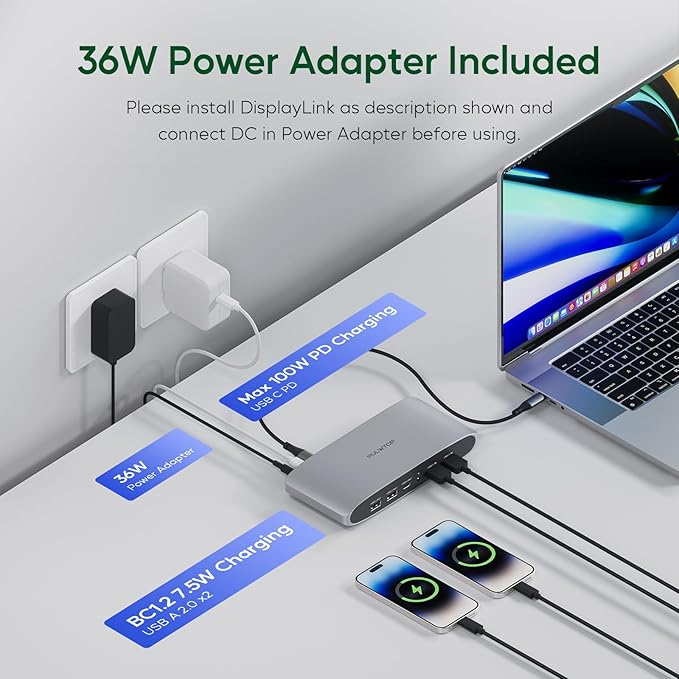 PULWTOP Displaylink Docking Station, Triple Display DisplayLink Dock for MacBook M1/M2/M3 Windows, 4K@60Hz Laptop Docking Station with 2 HDMI, 2 Display Port, PD, USB C Data, 4 USBA, Ethernet, Audio