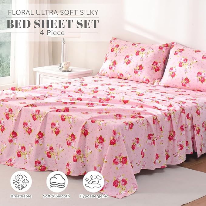 Bedlifes California King Sheet Set Ultra Soft, Breathable, Silky Flower Deep Pocket 100% Microfiber Bedding, 4 Piece Cal King Size Pink Floral(Red Rose)