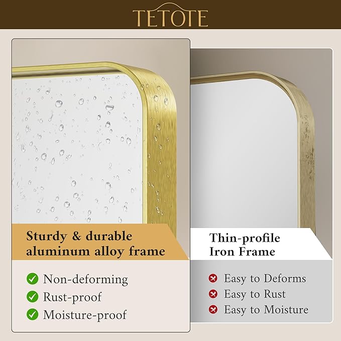 TETOTE 30 x 36 Inch Gold Mirror for Bathroom, Brushed Metal Frame Vanity Mirror, Brass Gold Rectangle Modern Decorative Wall Mirrors for Entryway Shatterproof (Horizontal/Vertical)