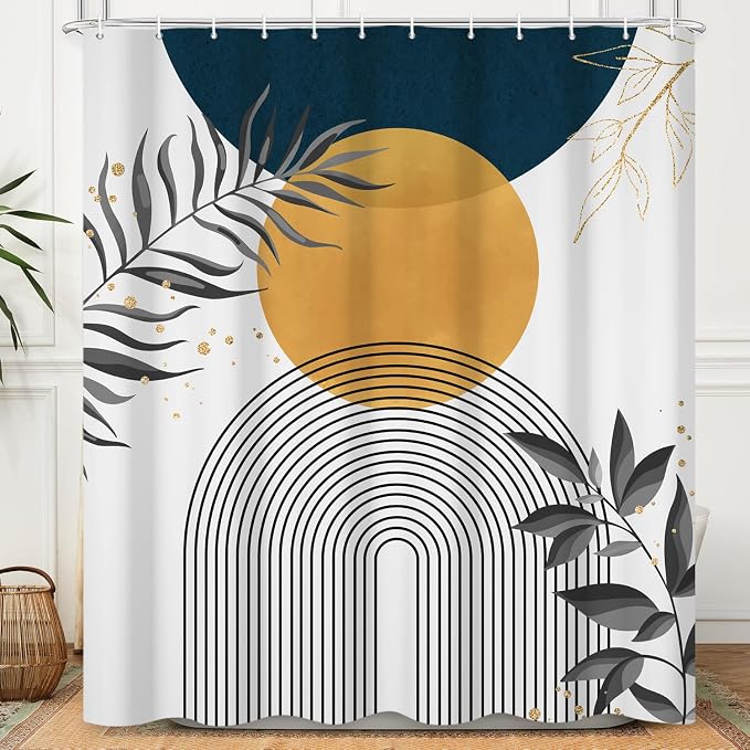 Boho Mid Century Shower Curtain, Orange Blue Modern Minimalist Abstract Geometric Gold Plant Leaves Arch Bathroom Curtains Waterproof Fabric Buthtub Curtain Set with Hooks 48" Wx72 L