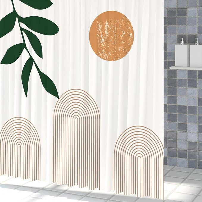 Boho Mid Century Shower Curtain Abstact Arch Sun Leaves Modern Minimalist Geometric Plant Aesthetic Shower Curtains Polyester Fabric Bathroom Decoration Curtain with Hooks 60x72 inch