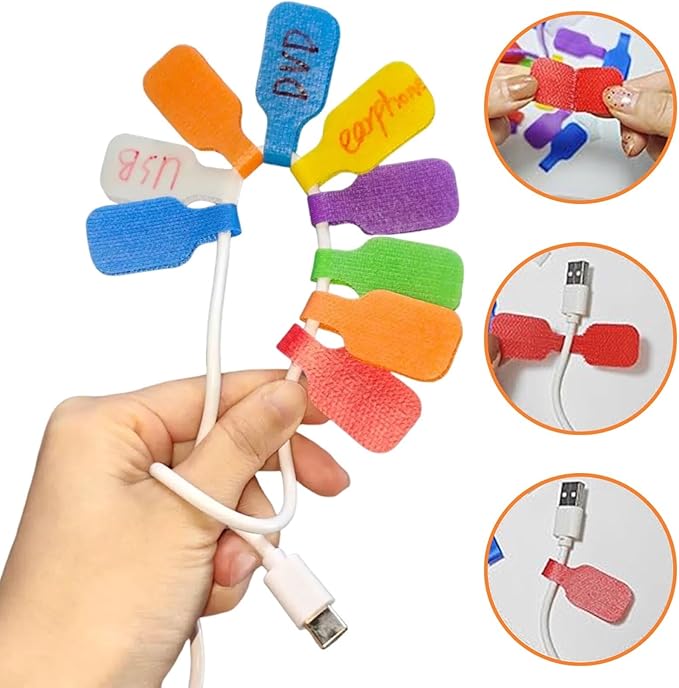 40 Pcs Cable Labels, Write On Cord Labels Tags for Electronics,Cable and Wire Tags,Reusable Large Size Plastic Velcro Label for Charging Cords Management and Identification (8 Colors)