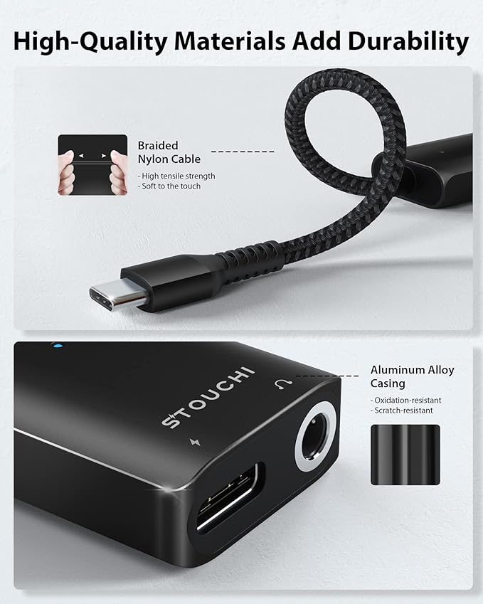 Stouchi USB C to 3.5mm Headphone and Charger Adapter, 2 in 1 USB-C to Aux Audio Jack with 30W Safe Fast Charging Hi-res DAC for iPhone 17/16 /15, Pixel 9/8 /7/6, iPad,Galaxy S25 S24 S23 Ultra (Black)