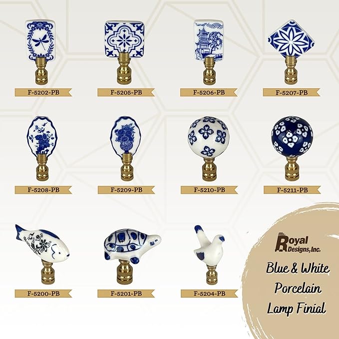 Royal Designs, Inc. Blue & White Porcelain Oval Flowers Vase Design Finial for Lamp Shade, Polished Brass
