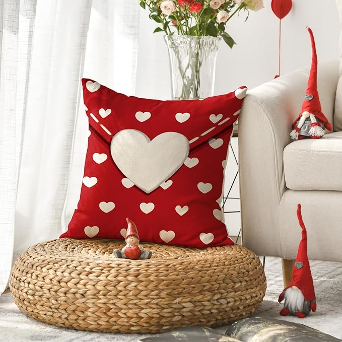 AVOIN colorlife Valentine's Day Envelope Throw Pillow Cover, 18 x 18 Inch Red Heart Red Anniversary Wedding Cushion Case Decoration for Sofa Couch