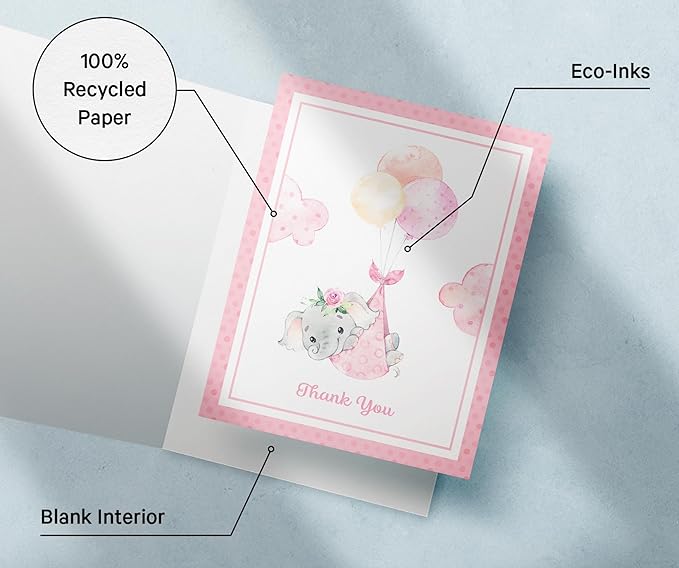 Twigs Baby Shower Thank You Cards with Envelopes - 12 Set Baby Shower Cards for Girl, New Baby Congratulations Cards, Welcome Baby Card, Made in the USA - Pink Elephant Designs, 5.5 x 4.25 Inch Size