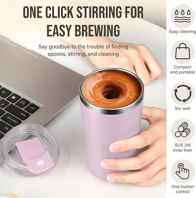hatisan Self Stirring Coffee Mug With Lid Electric High Speed Self Stirring Mug 400ml Rechargeable Detachable Stainless Steel Self Stirring Cup for Coffee, Milk, Cocoa Christmas Gift(Purple)