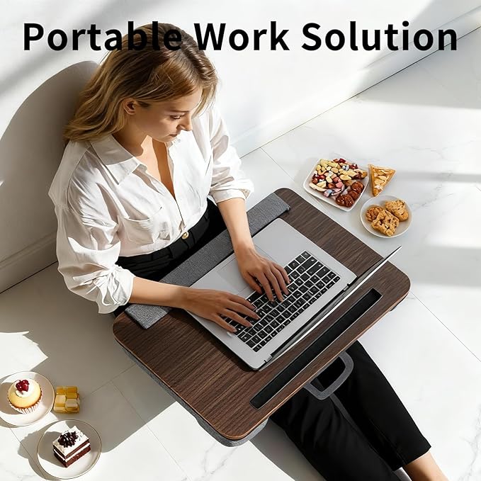 Heyfriday Home Office Lap Desk with Wrist Rest Laptop Bed Desk for Notebook, Laptop, Tablet, Lap Stand with Tablet, Phone Holder Fits Up to 14 Inch Laptops (Brown)