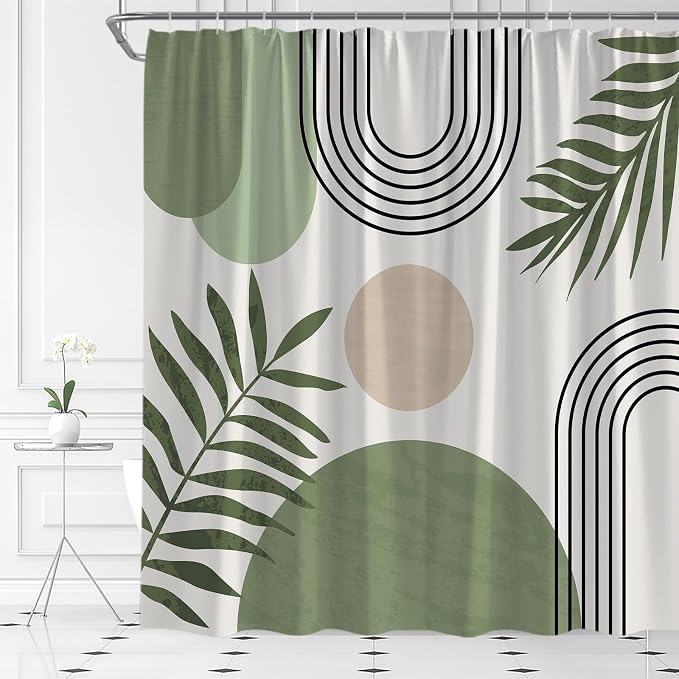 Mid Century Modern Shower Curtain Boho Sage Green Abstract Retro Aesthetic Fabric for Bathroom Decor Bathtub with Hooks (70" WX78 H)