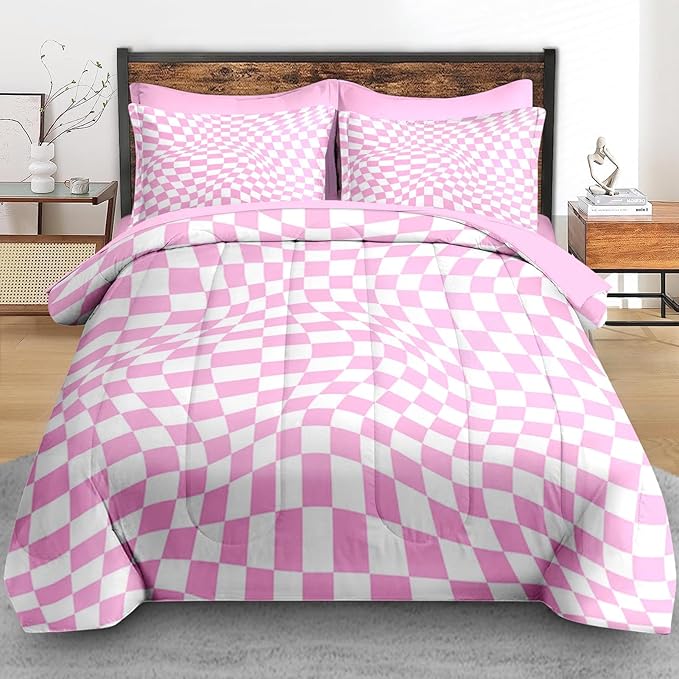Comforter Set King Size, Pink White Geometric Checkerboard 7 Pcs Bedding for Kids and Adults, Chess Checkered Bedding Sets with Fitted Sheet 2 Pillowcase & 2 Sham for Bedroom Bed Decor