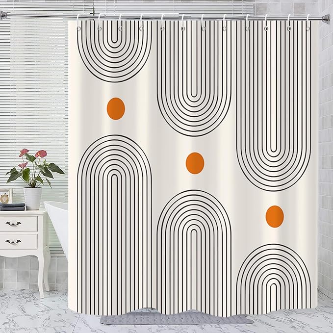Boho Mid Century Shower Curtain, 60Wx72H Minimalist Abstract Arch Sun Modern Washable Waterproof Polyster Stall Size for Bathroom with Hooks