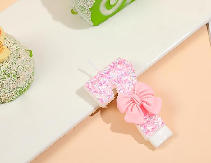Number 17 Candle Pink Sequins and Bowtie 17th Cake Topper, 17 Birthday Candle for Girls Pastel Sweet Theme Birthday Party or Adults Milestone Age Decoration