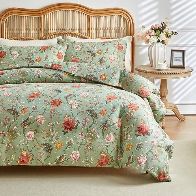 LifeTB Farmhouse Floral Comforter Full Comforter Set Botanical Flowers Vines Pattern on Green Floral Bedding Comforter Set Fluffy Soft Microfiber Aesthetic Bedding Botanical Comforter for All Seasons