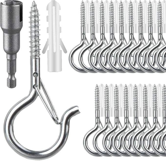100 Pcs Screw-in Hooks for Outdoor String Lights, Q Hangers Hooks for Outside, Swivel Hanging Basket Patio Hook with Safe Buckle, Screw in Plant Eye Hook for Wall Ceiling with 1 Wing Nut Driver,Silver