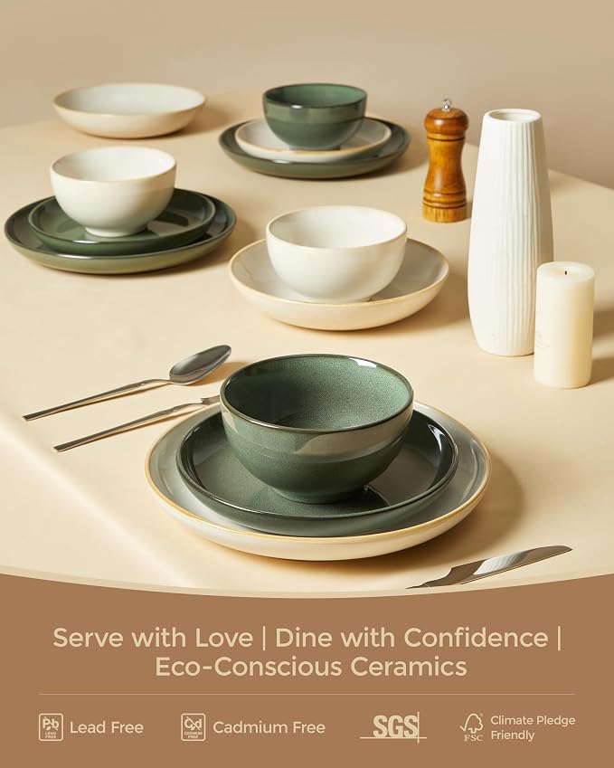 Pokini 16 Piece Double Bowl Dinnerware Sets with Pasta Bowls, Highly Chip and Crack Resistant Plates and Bowls Sets, Natural Earthyware Ceramic Dishware Sets, Service for 4 Yellow White