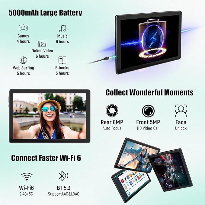 MUISOO Tablet 10 Inch, Android 14 Tablet PC, 8GB RAM+64GB ROM (1TB TF), Octa-Core 2.0 GHz, Bluetooth 5.0, WiFi 6, Widevine L1, 5MP+8MP, 5000mAh,Type-C (Black, 10)