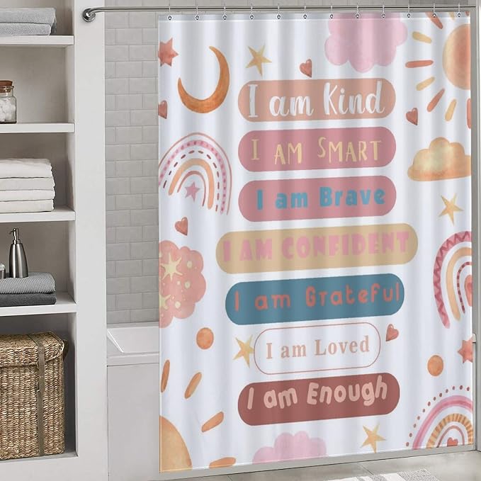 Rainbow Shower Curtain, Pink Boho Cute Inspirational Motivational Quotes Rainbow Colorful Pastel Waterproof Fabric Bathroom Shower Curtain for Baby Kids Girls Set with Hooks, 72"x72" Inch