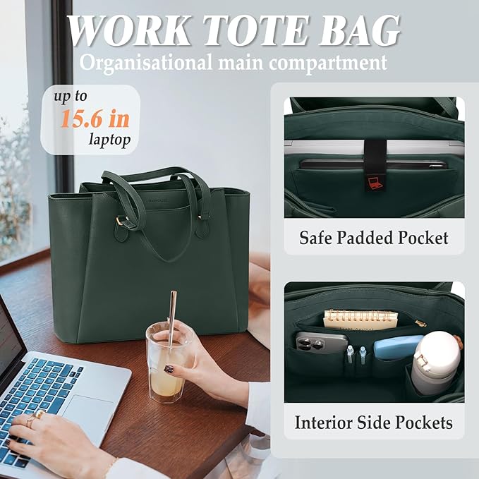RAINSMORE Laptop Bag for Women 15.6 Inch Work Tote Bags Waterproof Computer Bags Leather Professional Laptop Purse Womens Laptop Briefcase Large Handbag for Office Teacher Travel, Green