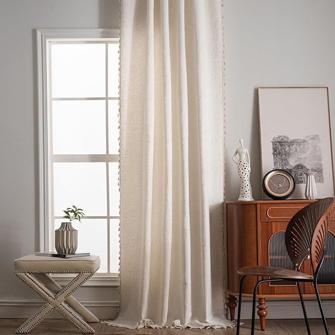 ENJOYBRIDAL Paisley 84 Inch Curtains for Bedroom Living Room Drapes Jacquard Semi Sheer Off White Floor Length Window Curtains 2 Panels Set Rod Pocket Boho Farmhouse Floral Cream Window Treatments