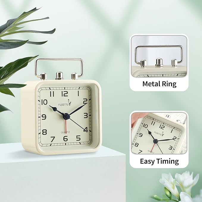 FLOITTUY Square Metal Beep Alarm Clock Silent No Ticking, Snooze and Battery Operated, Night Light and Desk Clock for Bedroom/Travel/Kids, Easy Set(Cream White)