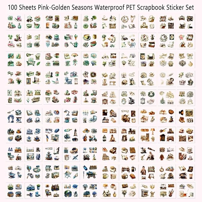 Scrapbooking Stickers Set for Adults, 100 Sheets 3.1 x 3.1 Inches Diecut Golden Seasons Theme, PET Stickers for Journaling, Junk Journal Supplies, Collage, Scrap Book, DIY Crats Arts Decorative