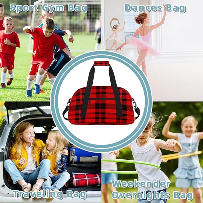 Gym Bag for Women Men, Red And Black Checkered Patterns Travel Duffle Bags for Dance Ballet Overnight, Carry-On Weekender Bag with Detachable Shoulder Strap