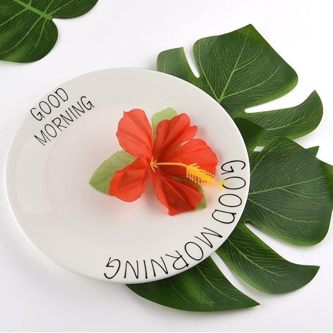 KUUQA 88 Pcs 20cm/8" Tropical Palm Leaves and Silk Hibiscus Flowers Party Decor, Artificial Monstera Plant Leaves Flowers Hawaiian Luau Party Jungle Beach Theme BBQ Birthday Party Decorations Supplie