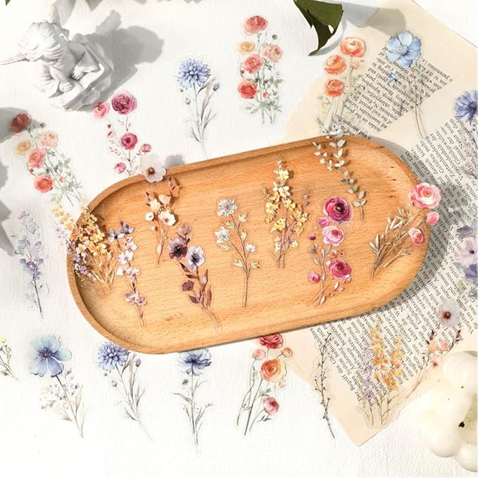 120 Pieces Vintage Transparent PET Floral Stickers for Journaling, 4 Styles Watercolor Flower Set, Decorative Sticker for Scrapbooking, Junk Journal Supplies, Collage