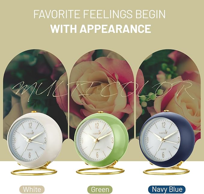 FLOITTUY Silent Table Analog Alarm Clock No Ticking, Lighted on Demand and Battery Operated, Beep Sounds, Small Desk Clock(White)