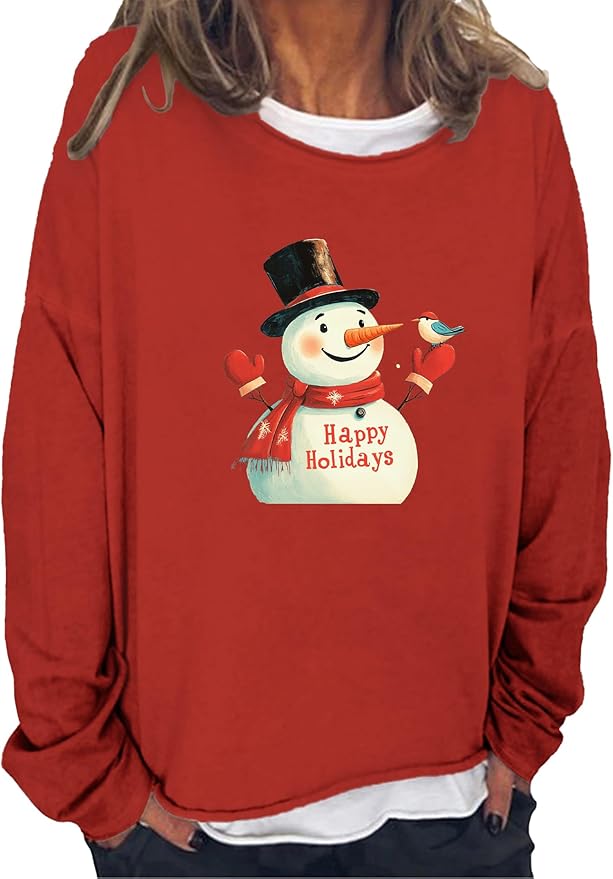 LOAIHA Christmas Shirts for Women Crewneck Snowman Snowflake Santa Graphic Shirts Christmas Tree Long Sleeve Xmas Hoodie