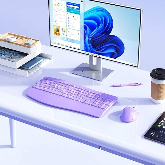 Ergonomic Keyboard and Mouse Combo - Full Size Keyboard Cordless with Palm Wrist Rest Ergonomic Mouse Wireless for Windows Computers Laptops - Light Purple (Upgrade)