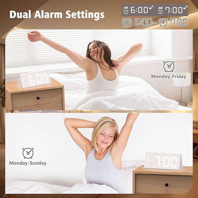 fomobest Wooden Digital Alarm Clock with Dual USB Charging Ports, DST, Dimmable, Snooze, Modern Large Time Display LED Clock for Kids Bedrooms, Living Room, Desk, Table, Bedside, Nightstand (White)
