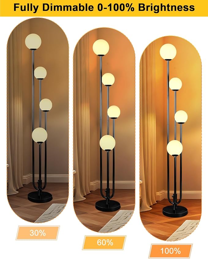 Lightdot Black Globe Floor Lamp 4-Lights Dimmable Floor Lamps with Tray 3000K Bulbs Included Unique Candle Mid Century Tall Standing Lamp with 5Lbs Heavy Base for Living Room/Bedroom/Sofa Beside