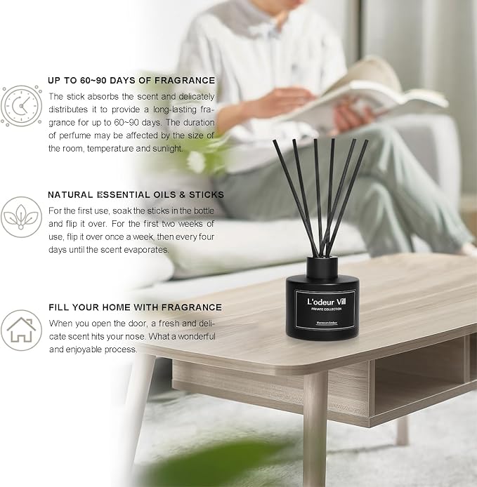 L'odeur Vill Reed Diffuser, 3.4oz(100ml) Moroccan Amber Reed Diffuser Set with 6 Oil Diffuser Sticks, Matte Black Aroma Scent Diffuser, Long Lasting Home Fragrance for Bathroom Shelf Decor