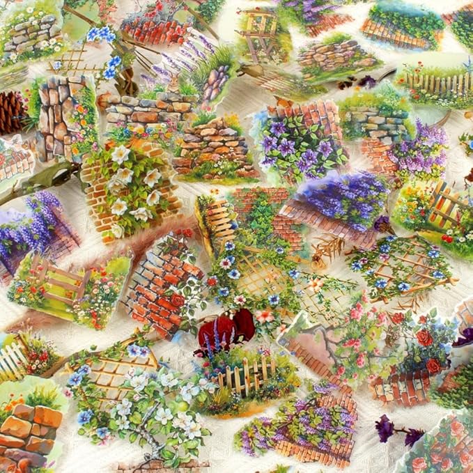 Dwpetzo Garden Flower Landscape Stickers for Journaling, 6 Themes Transparent PET Wildflower Brick Wall Fence Vines Stickers for Scrapbooking, Junk Journal Supplies, Collage, Planner, Mixed Media