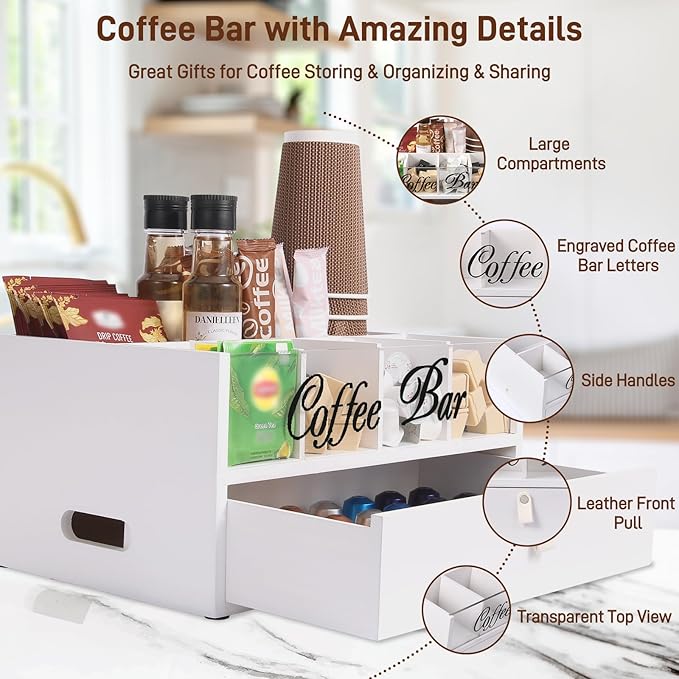 Intarsio 2-Tier Coffee Bar Organizer with Clear Acrylic Top, Built-in Drawer and Leather Handle Pull for Countertop, Stylish Coffee Station Storage Box for Accessories, Pods, Great Gifts for Home