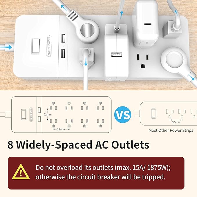 Flat Plug Extension Cord 15Ft - NTONPOWER 8 Outlets Surge Protector Power Strip with 2 USB, Overload Protection, 1080 Joules, ETL Listed, 15A/1850W, Wall Mountable for Home Office and Workbench, White