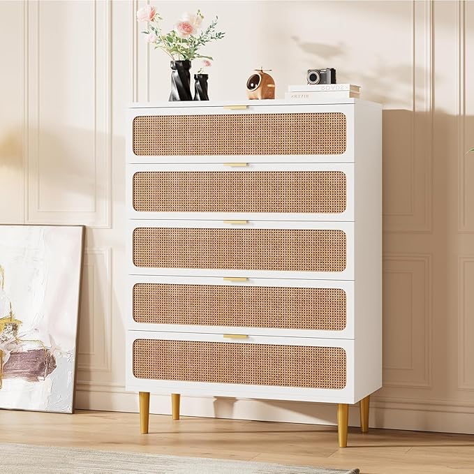 Garvee Rattan Dresser with 5 Drawers, Tall Modern Closet with Deep Storage, Large Chest of Drawers with Wide Top, Long Wooden Dresser for Bedroom, Living Room, Hallway, Kids Room, White