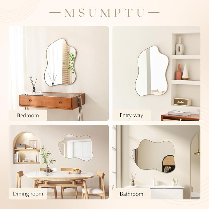Irregular Wall Mirror Gold Wave Shaped Metal Framed Wall Mirror for Bathroom Bedroom Entryway Living Room Wall Decor 24" L x 18" W 2305Gold