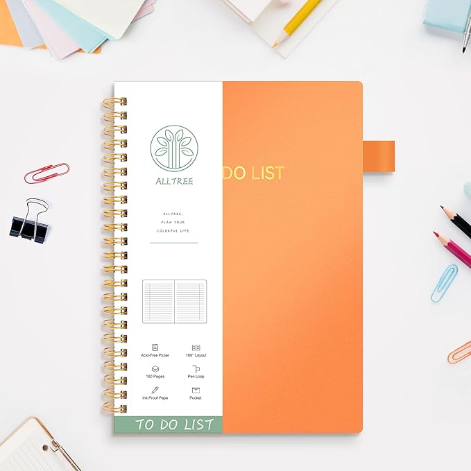 ALLTREE To Do List Notepad Spiral Planner, Daily Task Tracker with Wide lined Notebooks, Work Planner with Pocket, Pen Loop, 160 Pages, Orange (5.5"x8.5")
