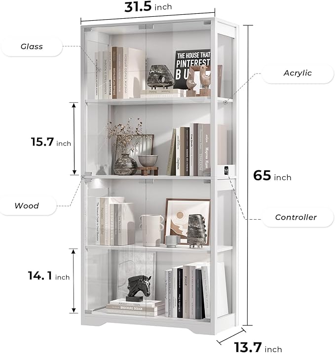 Display Cabinet with Glass Doors, 4-Tier Curio Cabinet with 3 Color Lights for Collectibles, Glass Display Case with Human Body Sensor, Bookcase with 4 Shelves, Storage Cabinets, White