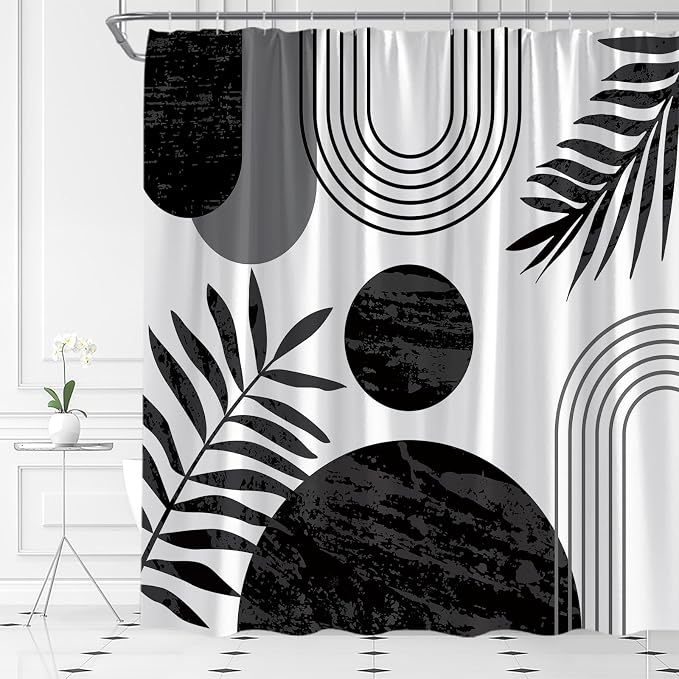 Mid Century Modern Shower Curtain Boho Black and White Abstract Retro Aesthetic Fabric for Bathroom Decor Bathtub with Hooks (70" WX74.8 H)
