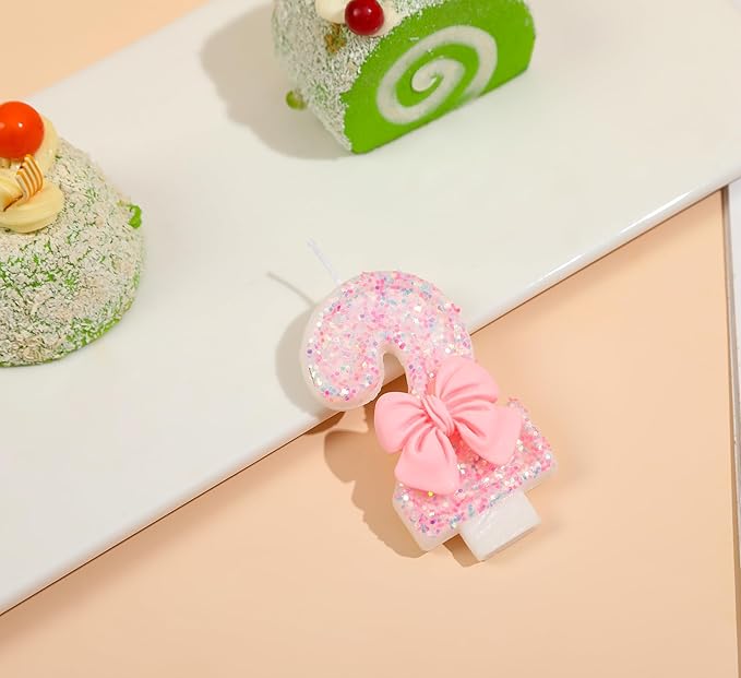 Number 2 Birthday Candle Pink Bowtie Glitter Number 2 Candle Birthday Girl Pastel Sweet Theme 2nd Birthday Party or Adults Milestone Age Decoration