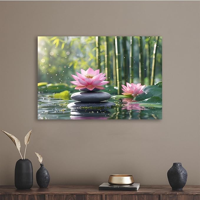 Ethereal pink lotus on obsidian Sunlit bamboo forest with sparkling water drops Poetic nature inspired wall art for tranquil homes and mindful spaces 12x18in Frameless