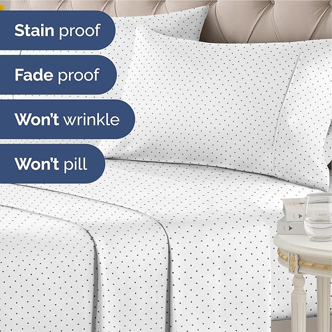 Blue Polka Dots Bed Sheet Set – 1 Flat & 1 Fitted Sheet & 2 Pillowcases w/ Deep Pockets – Polka Dot Bedding - Wrinkle & Fade Resistant - Soft, Breathable & Cooling - Comfy, Luxury Bed Set - King Size