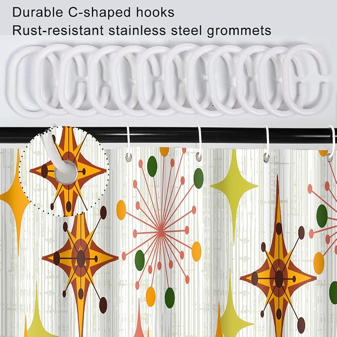 Mid Century Shower Curtain, 60x72inch, Modern Abstract Retro Green Striped Geometric Shower Curtain Sets 1950s Boho Bathroom Shower Curtain with 10 Hooks