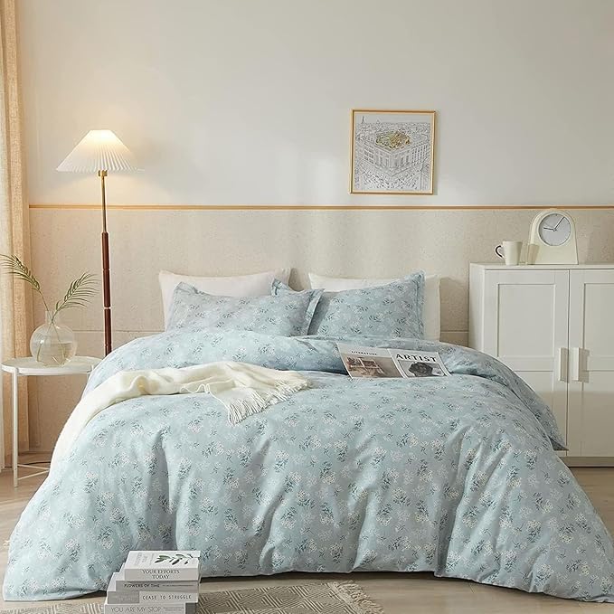 LifeTB Blue Floral Comforter Set King Size Vintage Flower Botanical Comforter with 2 Pillowcases Fluffy Soft Aesthetic Floral Cottagecore Bedding Set Chic Flower Leaves Pattern King Comforter Set
