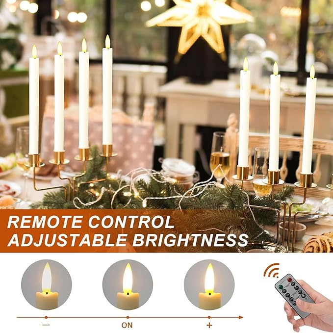 6PCS Flameless Taper Candles with 3D Flickering Flame Battery Operated Candles with 2 Remote with Button Cell Battery 10" Ivory LED Candlesticks Window Candle for Christmas Home Decor
