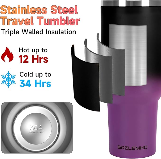 40oz Tumbler with Handle and Straw Spout 2-in-1 Lid, Spill Leak Proof Insulated Travel Cup Traveler Water Mug Keep Cold Hot, Dishwasher Safe Stainless Steel Bottle Gifts for Women Men, Black Purple